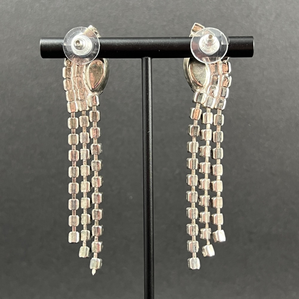 Vintage Rhinestone Earrings Red Silver Tone Fringe Chandelier Formal 2.75" - Picture 4 of 10